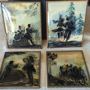 Antique Convex Glass  Reverse Painted Courting Couple Silhouettes, Set Of 4
